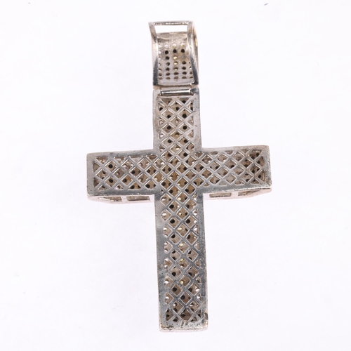 1607 - A large sterling silver cubic zirconia cross pendant, 79.5mm, 29.4g