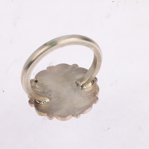 1608 - A Vintage enamel cherub ring, unmarked silver settings, setting height 17.7mm, size K, 4.7g