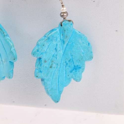 1610 - A pair of simulated turquoise leaf drop earrings, unmarked silver-gilt settings, 85.6mm, 16g