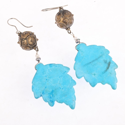 1610 - A pair of simulated turquoise leaf drop earrings, unmarked silver-gilt settings, 85.6mm, 16g