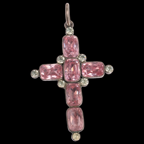 1616 - A Georgian pink and white paste cross pendant, apparently unmarked silver closed-back settings, 48.6... 