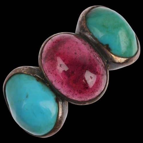 1617 - A large three stone garnet and turquoise half hoop ring, setting height 12.9mm, size N, 5.6g