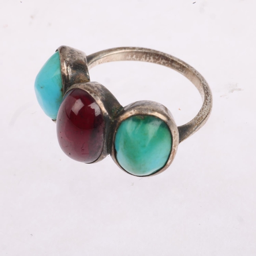 1617 - A large three stone garnet and turquoise half hoop ring, setting height 12.9mm, size N, 5.6g