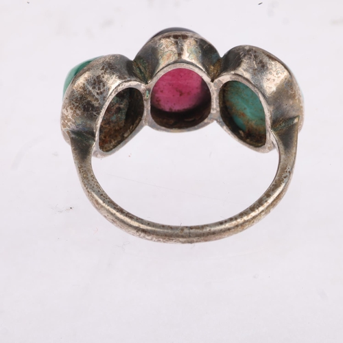 1617 - A large three stone garnet and turquoise half hoop ring, setting height 12.9mm, size N, 5.6g