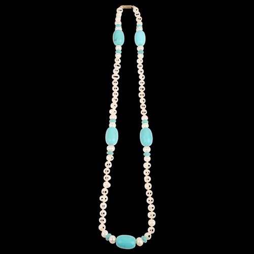 1618 - A single-row simulated turquoise and freshwater pearl bead necklace, 68cm, 92g