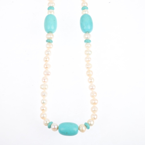 1618 - A single-row simulated turquoise and freshwater pearl bead necklace, 68cm, 92g