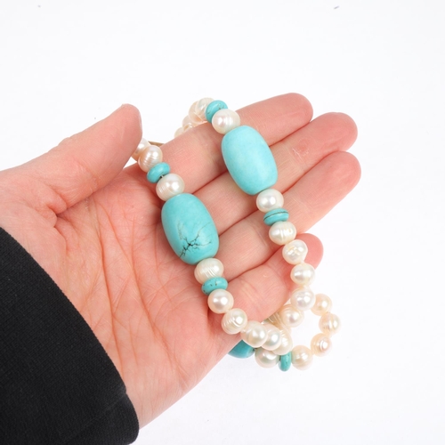 1618 - A single-row simulated turquoise and freshwater pearl bead necklace, 68cm, 92g