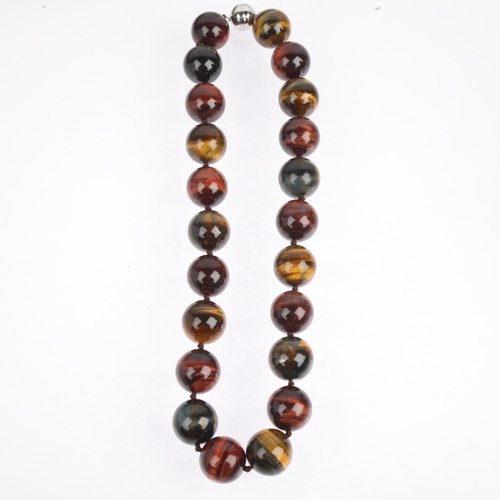 1623 - A large single-row sterling silver tigers eye bead necklace, beads measure 20.2mm, 46cm, 266g