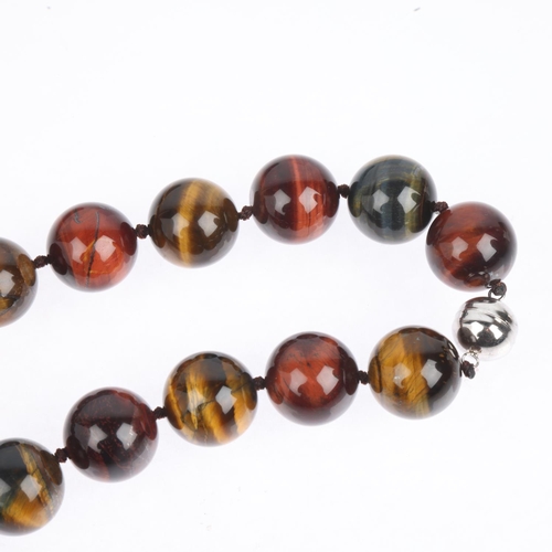 1623 - A large single-row sterling silver tigers eye bead necklace, beads measure 20.2mm, 46cm, 266g