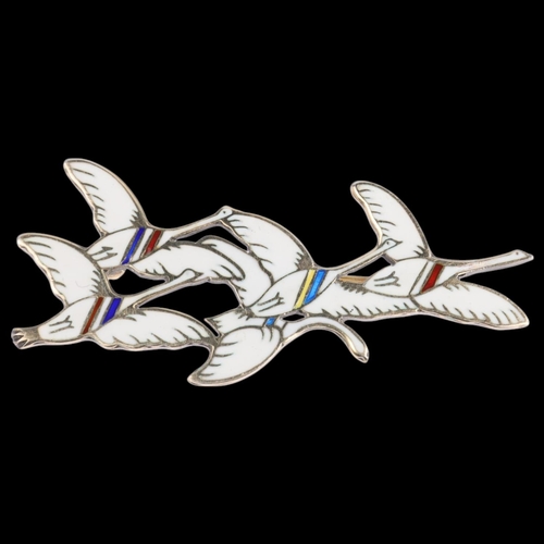 1626 - A DRAGSTED - a a Danish modernist sterling silver-gilt enamel 'Flying Geese' brooch, 59.1mm, 9.5g