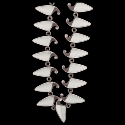 1630 - EINAR MODAHL - a Norwegian modernist sterling silver white enamel leaf panel necklace, 38.5cm, 32.5g