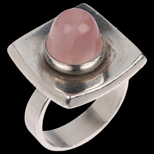 1631 - NIELS ERIK FROM - a a Danish modernist sterling silver rose quartz dress ring, concave square panel ... 