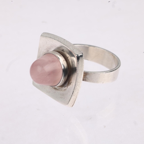 1631 - NIELS ERIK FROM - a a Danish modernist sterling silver rose quartz dress ring, concave square panel ... 