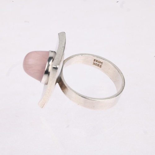 1631 - NIELS ERIK FROM - a a Danish modernist sterling silver rose quartz dress ring, concave square panel ... 