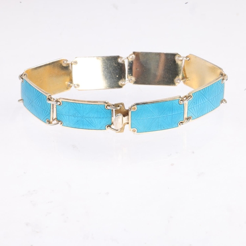 1635 - An Art Deco Norwegian sterling silver-gilt blue enamel panel bracelet, maker KS, 17.5cm, 21.5g