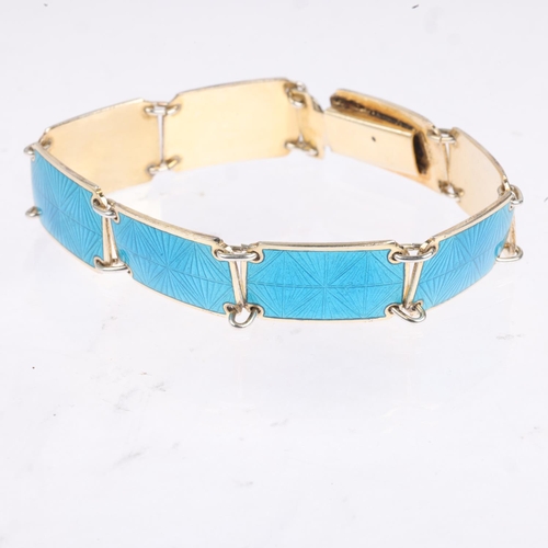 1635 - An Art Deco Norwegian sterling silver-gilt blue enamel panel bracelet, maker KS, 17.5cm, 21.5g