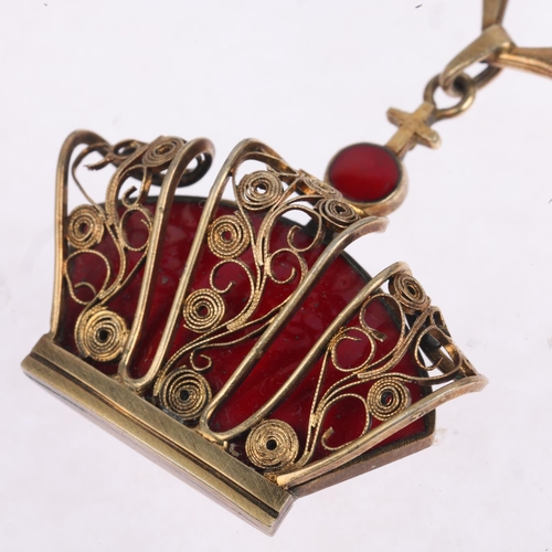 1638 - VOLMER BAHNER - a Danish sterling silver-gilt red enamel Kingmark crown drop brooch, 51.2mm, 17.6g