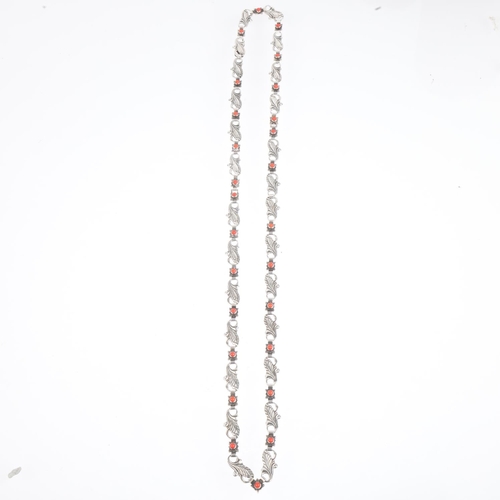 1639 - A long Art Nouveau style Danish silver coral leaf panel necklace, 73cm, 36.8g