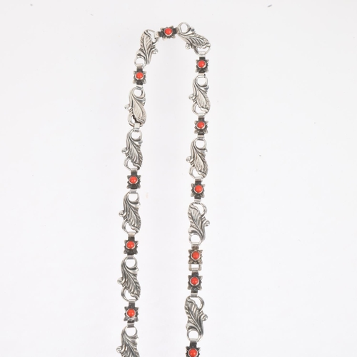 1639 - A long Art Nouveau style Danish silver coral leaf panel necklace, 73cm, 36.8g