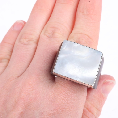 1643 - A large Danish sterling silver mother-of-pearl and hardwood signet ring, setting height 22mm, size S... 