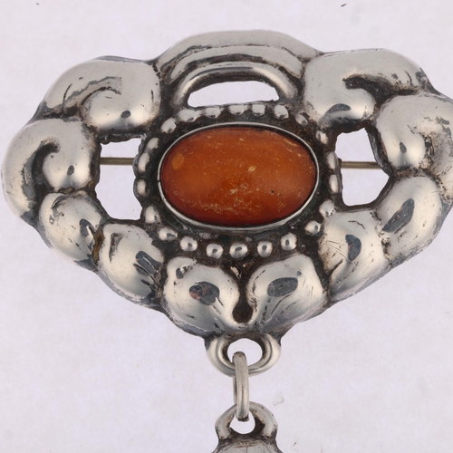 1646 - MICHAEL AISIKOVITSCH - an Art Nouveau Danish silver and amber wreath drop brooch, 75mm, 8.8g