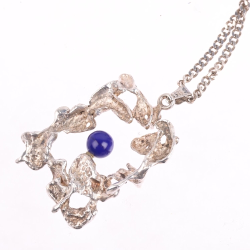 1651 - HERMANN SIERSBOL - a Danish brutalist sterling silver lapis lazuli abstract openwork pendant necklac... 