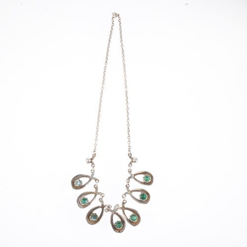 1652 - HERMANN SIERSBOL - a a Danish modernist sterling silver green crystal fringe necklace, 39cm, 13.2g