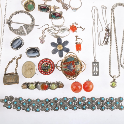 1687 - Various jewellery, including silver ingot, Georgian coral cluster brooch, earrings, etc