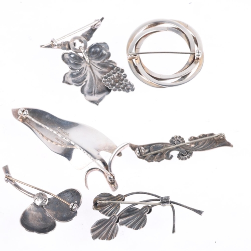 1697 - 6 a Danish modernist sterling silver brooches, maker's include Ulrich, largest 64.9mm, 33.7g total (... 