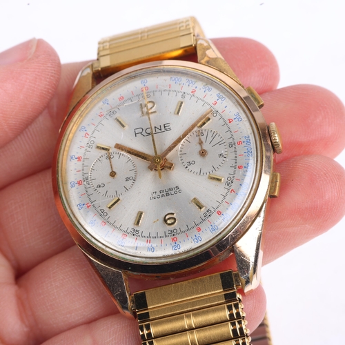 1030 - RONE - a Vintage gold plated stainless steel mechanical chronograph wristwatch, circa 1950s, silvere... 