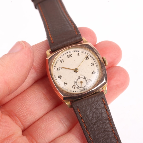 1042 - A mid-20th century 9ct rose gold cushion-cased mechanical wristwatch, silvered dial with applied gil... 