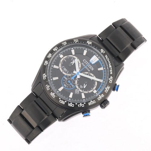 1046 - CITIZEN - a black coated stainless steel Eco-Drive quartz chronograph calendar bracelet watch, ref. ... 