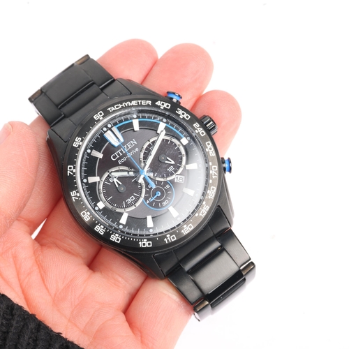 1046 - CITIZEN - a black coated stainless steel Eco-Drive quartz chronograph calendar bracelet watch, ref. ... 