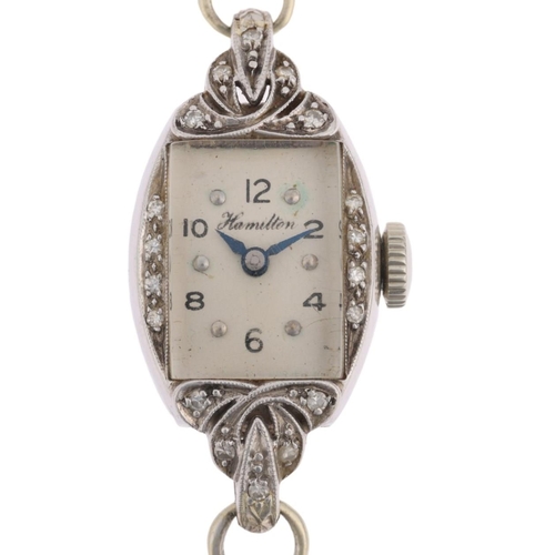 1062 - HAMILTON - a lady's Vintage platinum diamond mechanical cocktail wristwatch, circa 1960s, silvered d... 