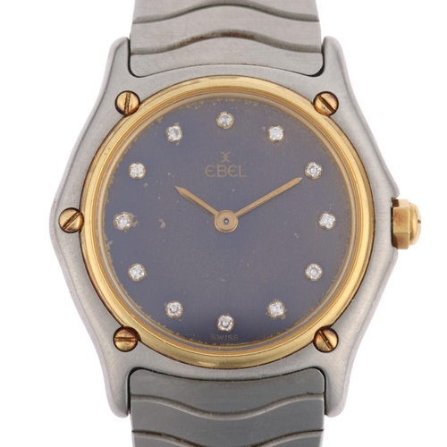 1068 - EBEL - a lady's bi-metal Classic Wave quartz bracelet watch, ref. 181908, purple dial with diamond h... 