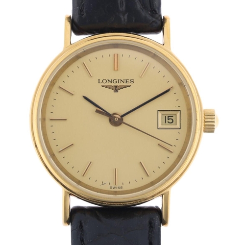 1073 - LONGINES - a lady's gold plated stainless steel Presence quartz calendar wristwatch, ref. L4.136.2, ... 