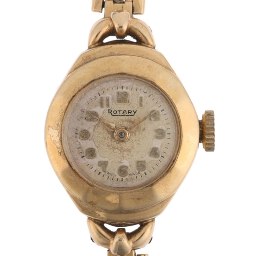 1076 - ROTARY - a lady's Vintage 9ct gold mechanical bracelet watch, silvered dial with applied gilt Arabic... 