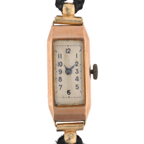 1077 - An Art Deco lady's 9ct rose gold mechanical cocktail wristwatch, silvered dial with black Arabic num... 