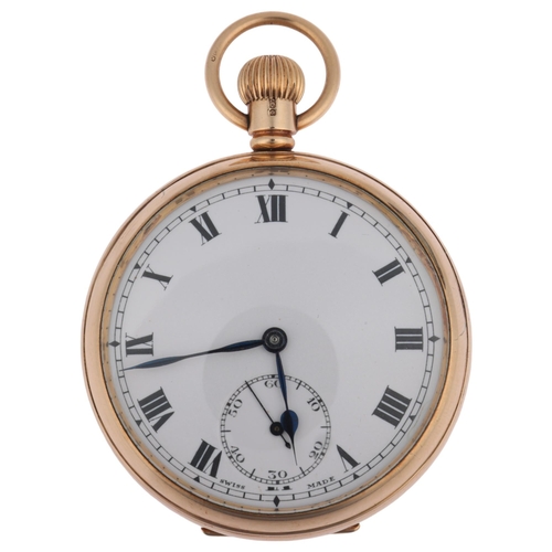 1079 - An early 20th century 9ct rose gold open-face keyless pocket watch, white enamel dial with Roman num... 