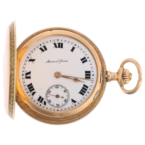 1080 - MERMOD FRERES - a Swiss 14ct gold full hunter keyless side-wind fob watch, white enamel dial with ha... 