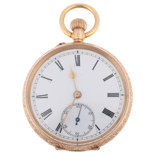 1081 - An early 20th century Swiss 14ct gold open-face keyless fob watch, white enamel dial with Roman nume... 