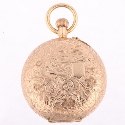 1081 - An early 20th century Swiss 14ct gold open-face keyless fob watch, white enamel dial with Roman nume... 