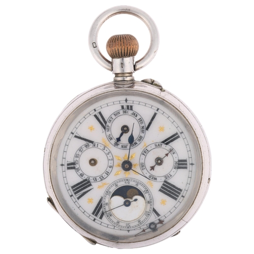 1083 - A Continental silver moonphase triple calendar open-face keyless pocket watch, white enamel dial wit... 