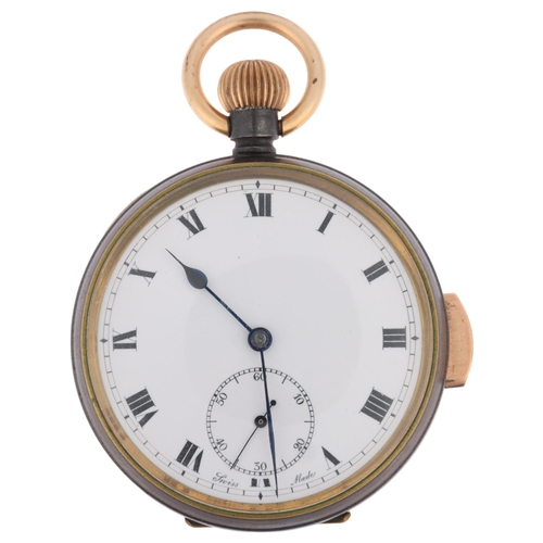 1084 - An early 20th century gunmetal quarter repeater open-face keyless pocket watch, white enamel dial wi... 