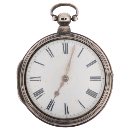 1085 - A mid-19th century silver pair-cased open-face key-wind verge pocket watch, white enamel dial with R... 