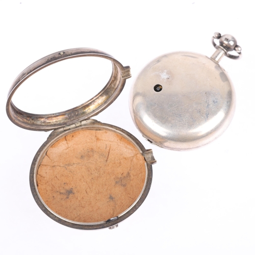 1085 - A mid-19th century silver pair-cased open-face key-wind verge pocket watch, white enamel dial with R... 