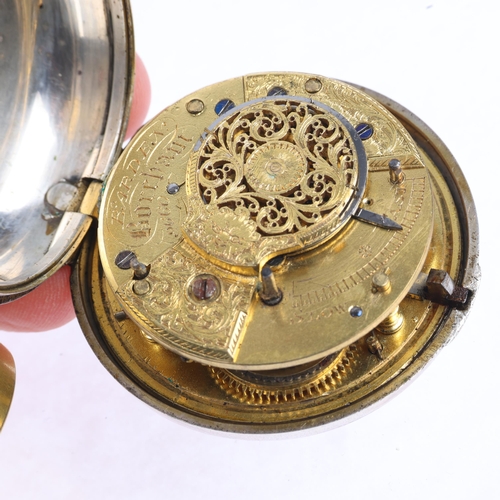 1086 - An early 19th century silver pair-cased open-face key-wind verge pocket watch, by Barden of Boreham,... 