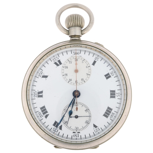 1090 - An early 20th century nickel open-face keyless chronograph pocket watch, white enamel dial with Roma... 