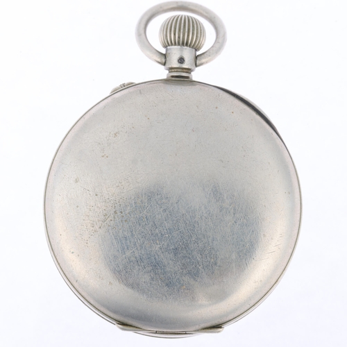 1090 - An early 20th century nickel open-face keyless chronograph pocket watch, white enamel dial with Roma... 