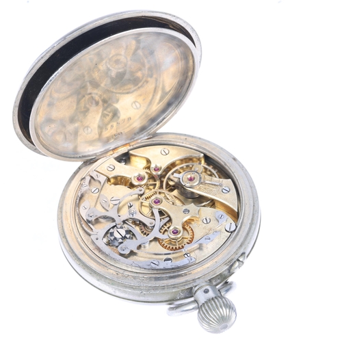 1090 - An early 20th century nickel open-face keyless chronograph pocket watch, white enamel dial with Roma... 